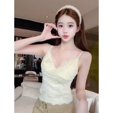 批发带胸垫 纯欲风双层波点蕾丝花边吊带背心女夏季v领露背美背