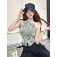 批发带胸垫 挂脖<b class='q'>条纹</b>背心女夏季系带收腰显瘦polo衫外穿无袖上衣