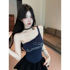 批发带胸垫 字母烫钻扭结单肩吊带背心女修身显瘦辣妹露背上衣