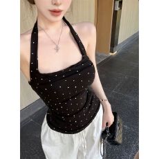 批发带胸垫 韩系波点挂脖吊带背心女修身显瘦高级感无袖美背上衣