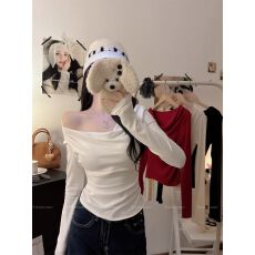 批发带胸垫 法式斜肩荡领长袖T恤女秋季修身显瘦打底衫内搭上衣