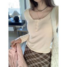 批发带胸垫 人棉磨毛 花边纽扣内搭打底衫女修身<b class='q'>短款</b>长袖t恤上衣