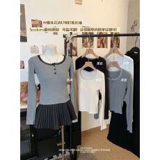 批发带胸垫 人棉磨毛 花边纽扣内搭打底衫女修身<b class='q'>短款</b>长袖t恤上衣