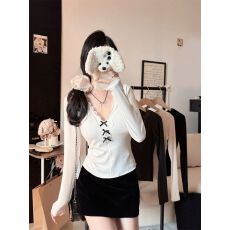 批发带胸垫 纯欲v领蕾丝花边蝴蝶结长袖T恤女<b class='q'>秋</b>季内搭打底衫上衣