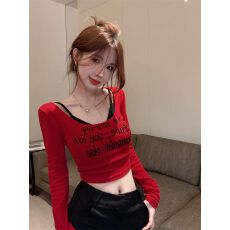 批发带胸垫 假两件撞色挂脖长袖T恤女字母印花短款显瘦打底上衣