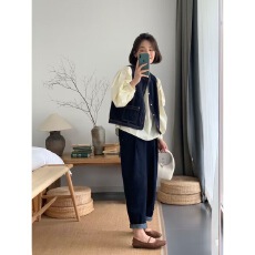 批发日系复古蓝色牛仔<b class='q'>马甲</b>女春秋叠穿背心外搭小个子坎肩<b class='q'>马夹</b>无袖上衣
