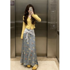 批发复古碎花印花开叉<b class='q'>牛仔</b>半身裙女秋冬大摆伞裙a字半裙包臀长款裙子