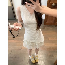 批发韩系<b class='q'>蕾丝</b>拼接杏色v领无袖背心连衣裙女夏收腰蛋糕裙短裙子