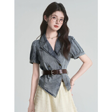 批发复古短袖薄款牛仔衬衫外套女<b class='q'>夏</b>季设计感气质百搭显瘦衬衣