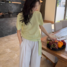 批发韩系宽松显瘦气质设计感绑带针织衫<b class='q'>女</b>士春夏百搭<b class='q'>短袖</b>针织<b class='q'>T</b><b class='q'>恤</b>上衣