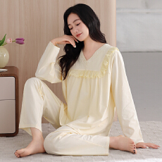 批发舒亭树春夏季薄款女纯棉拉架宫廷风优雅长袖蕾丝花边家居服<b class='q'>睡衣</b>套