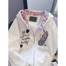 批发中大童美式chic学院风趣味格纹拼接卫衣女大童拉链外套潮牌