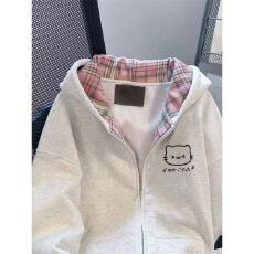 批发韩系慵懒风可爱猫咪卫衣外套女秋冬洋气减龄格子拼接连帽开衫上衣