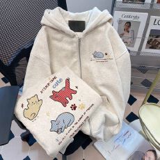 批发中大童时尚可爱格纹猫咪卫衣开衫女秋季学院风洋气百搭连帽外套潮