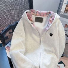批发韩系慵懒风卫衣外套女秋冬洋气减龄格子拼接连帽开衫上衣