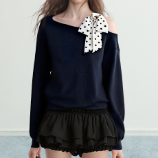 批发斜肩露肩卫衣女春秋2025秋新款波点系带蝴蝶结宽松无帽套头短上衣