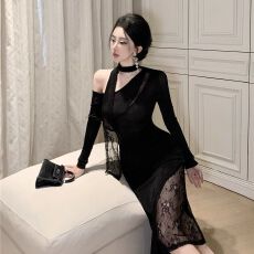 批发纯欲甜美套装女早秋黑色一字肩<b class='q'>镂空</b>蕾丝T恤上衣半身裙穿搭<b class='q'>连衣裙</b>