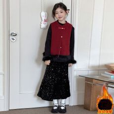 批发女童冬款拜年服三件套2026新款女孩冬季<b class='q'>马甲</b>打底衫加绒半身裙套装