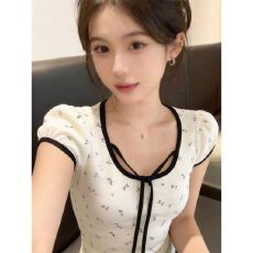 批发【酷丝棉】纯欲甜美碎花系带泡泡袖T恤百搭显瘦小众短袖