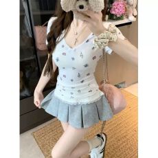 批发【原版面料】蝴蝶结短袖T恤女装夏季减龄印花短款内搭上衣