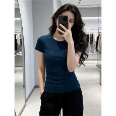 批发【40支1*1纯棉】纯色正肩修身t恤女夏季显瘦孔雀蓝打底衫上衣
