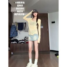 批发【天丝罗纹130克】慵懒风薄款罩衫休闲V领长袖t恤女夏季