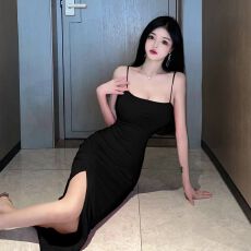 批发性感细吊带一字领修身露背露腿高开叉连衣裙气质优雅晚<b class='q'>礼服</b>女