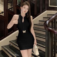 批发中式辣妹旗袍改良黑色露背新款设计<b class='q'>镂空</b>性感紧身夏季背心连衣裙女