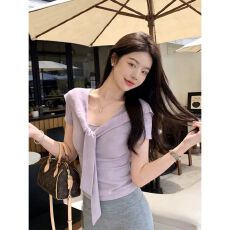 批发【随心裁<b class='q'>莫代尔</b>260克1*1】小众设计感紫色短款修身上衣女