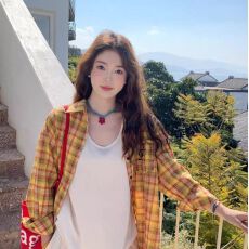 批发多巴胺黄色格子<b class='q'>衬衫</b>复古新款宽松美式刺绣流苏<b class='q'>长袖</b><b class='q'>衬衣</b>情侣薄外套