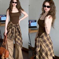 批发美式复古咖色<b class='q'>格子衬衫</b>女开衫外套秋季高级感宽松防晒薄款衬衣