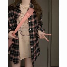 批发美式黑粉色格子衬衫<b class='q'>长袖</b>春秋款宽松慵懒休闲防晒衬衣上衣外套