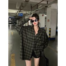 批发春季复古chic绿色<b class='q'>格子衬衫</b>女长袖宽松慵懒风高级衬衣外套开衫外搭