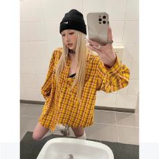 批发春季多巴胺美式黄色<b class='q'>格子衬衫</b>女长袖宽松开衫复古港风叠穿上衣外套