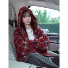 批发美式复古宽松慵懒格子<b class='q'>衬衫</b>外套女加厚抽绳连帽显瘦<b class='q'>休闲</b>帽衫