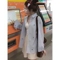 批发韩系宽松慵懒印花蝴蝶结<b class='q'>条纹</b><b class='q'>衬衫</b>女百搭长袖<b class='q'>衬衣</b>薄款开衫上衣外穿