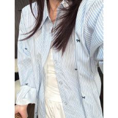 批发韩系蝴蝶结印花蓝色<b class='q'>条纹</b><b class='q'>衬衫</b>女新款宽松<b class='q'>衬衣</b>长袖防晒百搭上衣