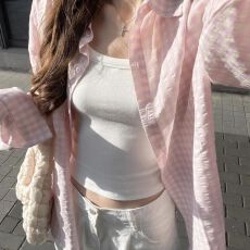 批发韩系Polo领粉色格子<b class='q'>长袖</b><b class='q'>衬衫</b>女早秋季少女感宽松慵懒薄款开衫<b class='q'>衬衣</b>