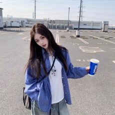 批发法式长袖蓝色<b class='q'>格子衬衫</b>女春秋新款高级感宽松衬衣外套气质上衣