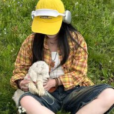 批发春秋新款复古黄<b class='q'>格子衬衫</b>外套女oversize宽松垂坠感刺绣毛边衬衣