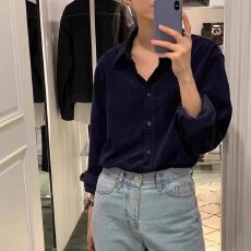 批发深蓝色衬衫复古长袖灯芯绒百搭<b class='q'>秋</b>冬宽松休闲遮肉气质外套衬衣