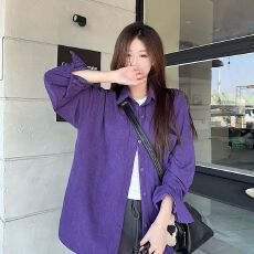 批发紫色灯芯绒休闲气质韩版上衣叠穿宽松遮肉长袖复古女内搭衬衣外套