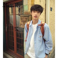 蓝色腊肠狗格子防晒衬衫男女美式复古格纹衬衣高级青少年薄外套