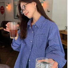 批发春季高级蓝色格子衬衫女士长袖外穿休闲时尚宽松叠穿上衣衬衣外套