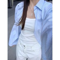 批发原版面料蓝色条纹衬衫女春夏小个子衬衣内搭开衫外套OL<b class='q'>通勤</b>上衣