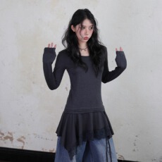 批发叠穿神器重工蕾丝花边飘带微收腰显瘦抓绒<b class='q'>长袖</b>T恤<b class='q'>裙</b>圆领打底2025