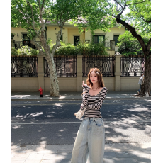 批发【实穿主义】轻薄修身<b class='q'>V领</b>条纹长袖T恤收腰显瘦正肩上衣