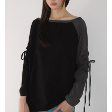 批发韩系圆点船领丝带绳长袖T恤女2025秋冬新款甜美棉质<b class='q'>上衣</b>