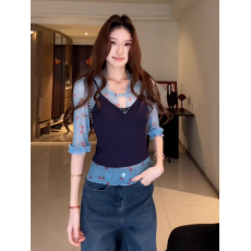 批发设计感叠穿两件套女夏季碎花<b class='q'>网纱</b>短袖t恤吊带背心ins