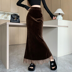批发美拉德咖色丝绒半身裙女冬季高腰<b class='q'>蕾丝</b>花边鱼尾裙中长款遮肉包臀裙